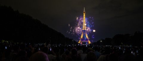 Fireworks over the Eiffel Tower.